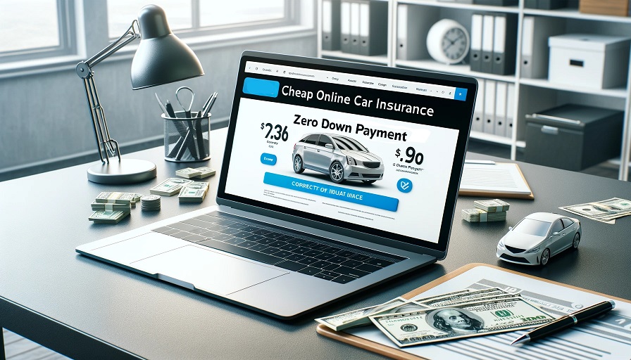 Laptop displaying a page promoting Cheap Online Car Insurance with no Down Payment 