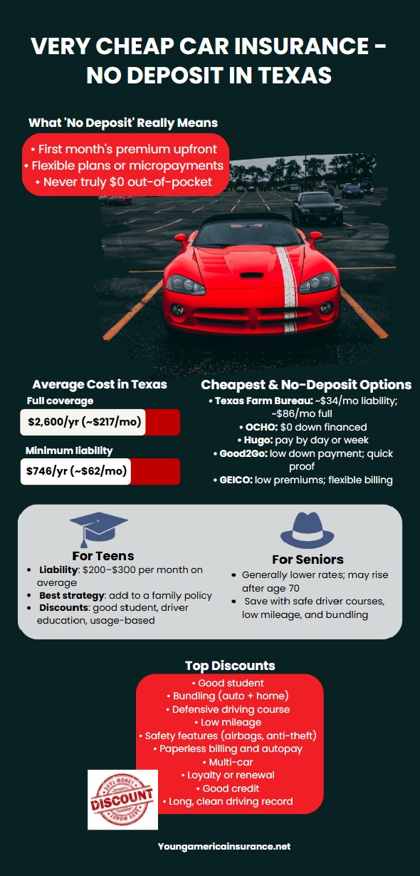 Cheap car insurance in Texas infographic with no deposit options, average costs, best providers, and top discounts.