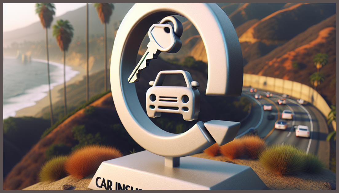 A detailed car insurance symbol with a California backdrop.