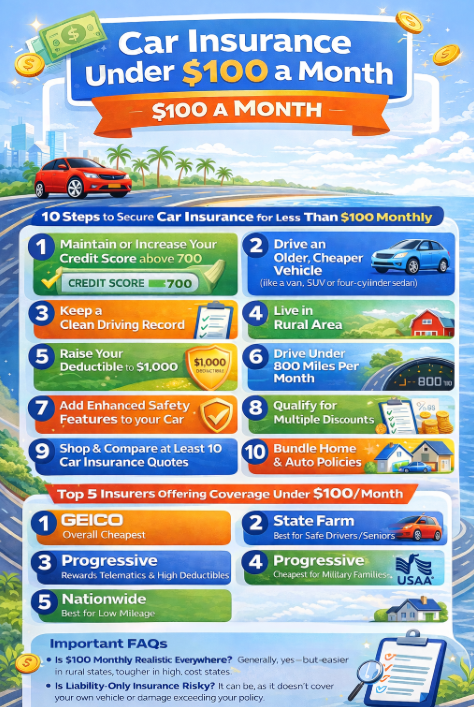 Infographic on Car Insurance Under 100 a month