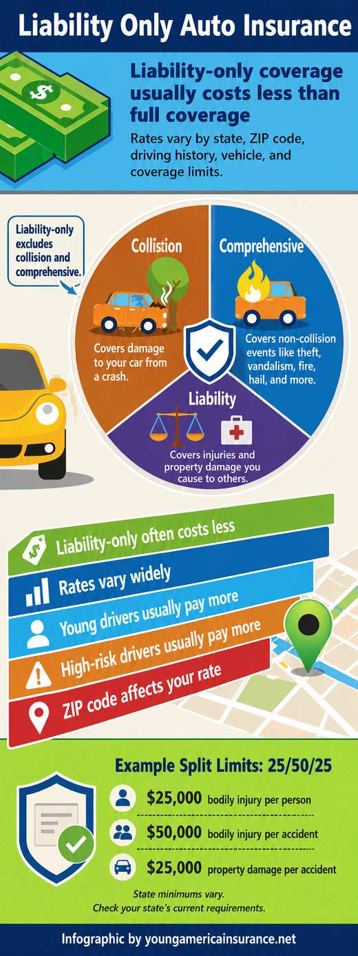 Liability only auto insurance infographic explaining liability, collision, comprehensive coverage, rate factors, and example 25/50/25 liability limits