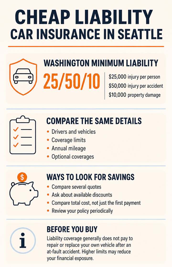 Seattle liability car insurance infographic showing Washington minimum limits and quote comparison tips
