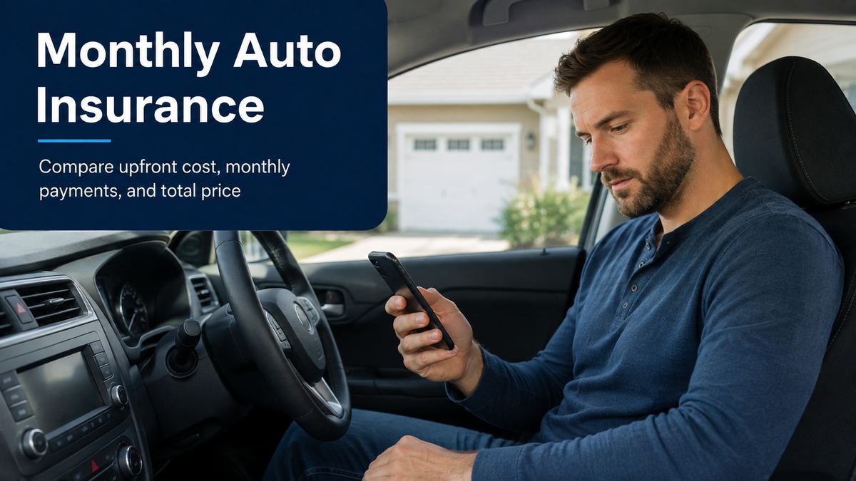 Driver comparing monthly auto insurance costs on his phone inside a parked car